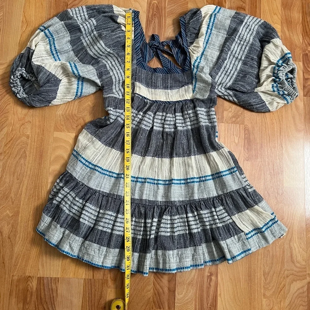 EUC Free People Chic Indigo Combo Gauzy mini dress with balloon sleeves sz XS